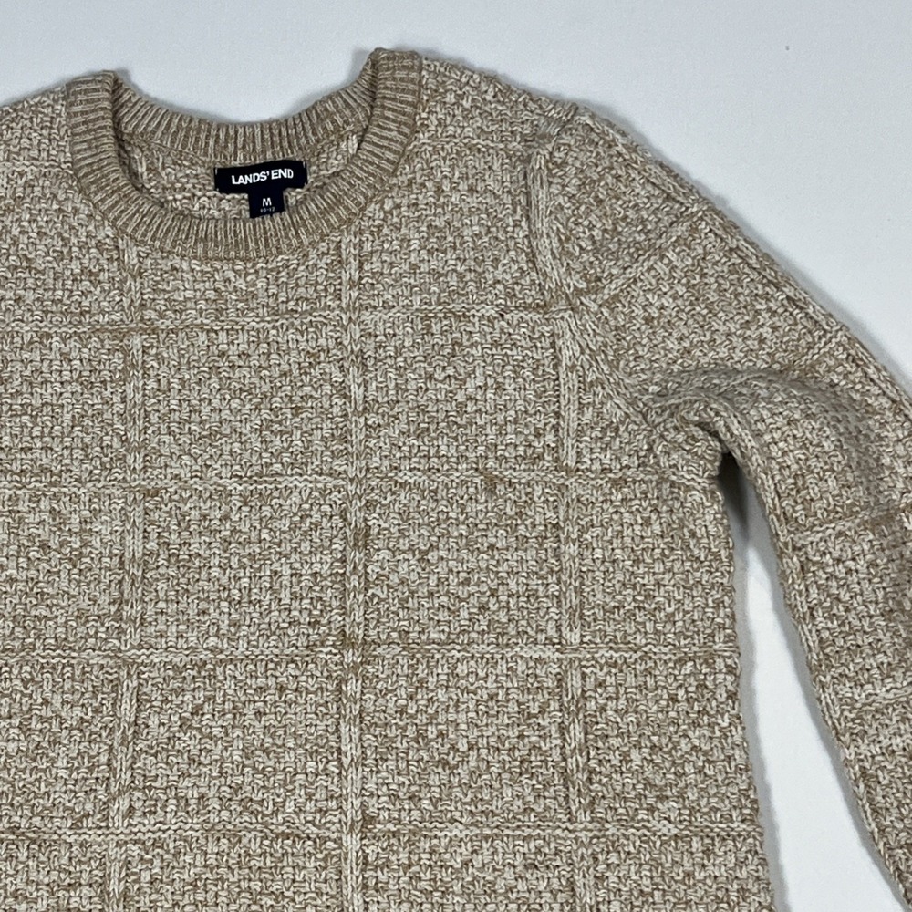 Lands End Windowpane Chunky Cable Knit Sweater Size M 10-12 Cream Cotton Blend